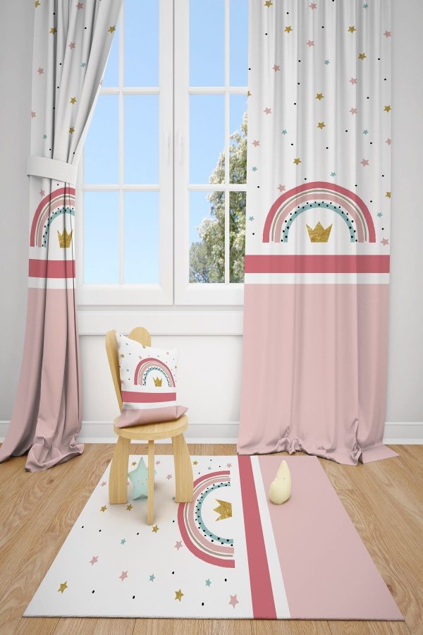 PEMBE ŞERİTLİ GÖKKUŞAĞI ÇOCUK VE BEBEK ODASI 2 KANAT FON PERDE