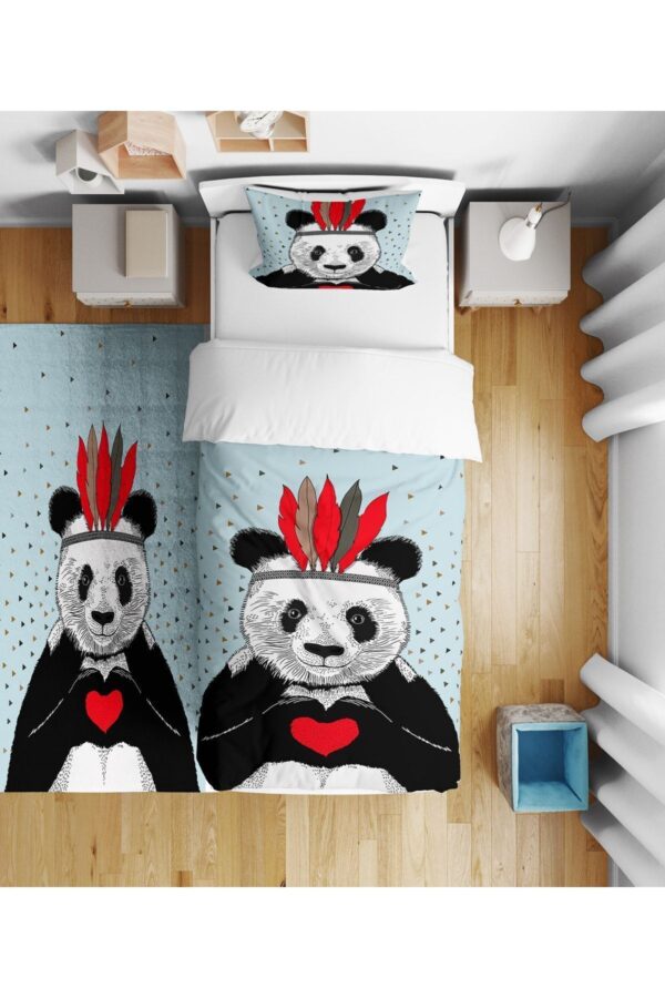 Mavi Panda Kalp Çocuk Yatak Örtüsü