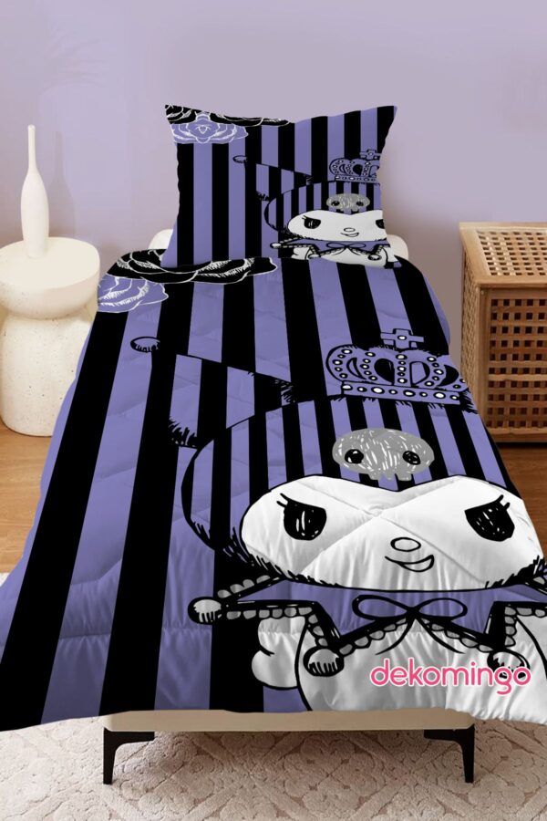 SİYAH ÇİZGİLİ MOR KUROMİ BEBEK VE ÇOCUK ODASI KAPİTONE YORGAN