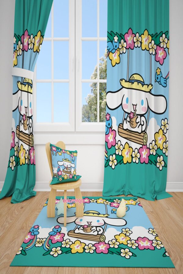 YEŞİL ÇİÇEKLİ CINNAMAROL DESENLİ BEBEK VE ÇOCUK ODASI FON PERDE  2 KANAT
