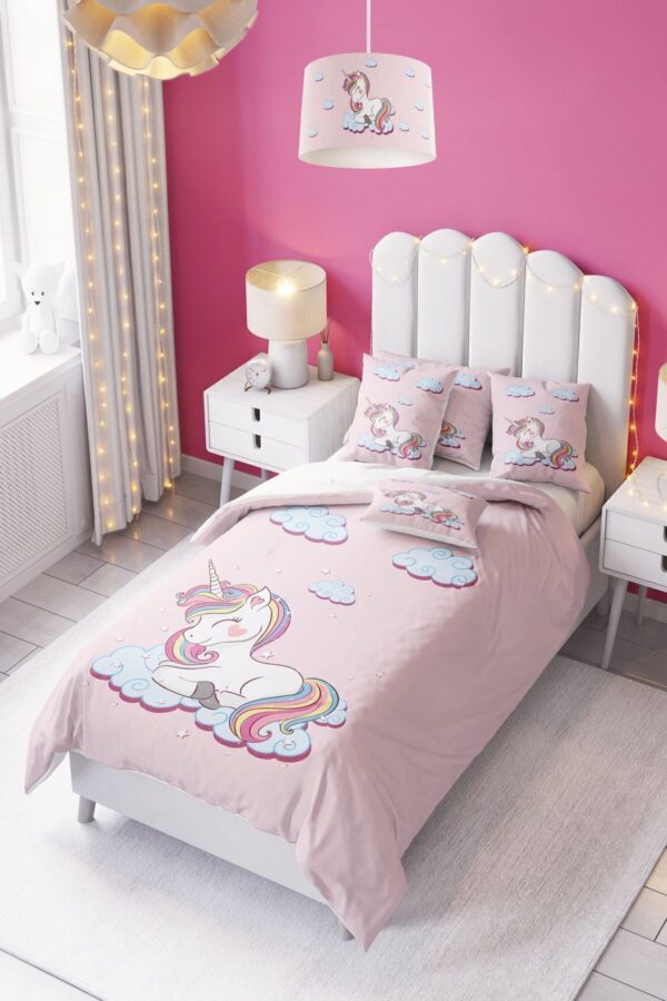 Bulutlu Pembe Unicorn At Desenli Bebek Ve Çocuk Nevresim Takımı ( Çarşafsız )